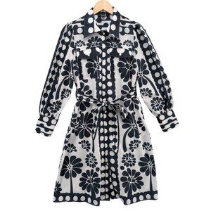 Ador Elegant Floral Lapel Midi Dress Grey White Belted Long Sleeve Pockets Sz S